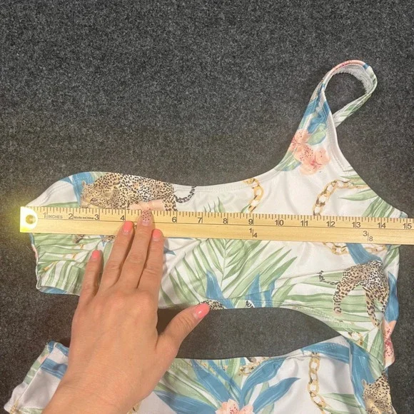 Blu C Tropical Leopard One Shoulder Cutout Monokini Swimsuit BUJR19117 Sz Large - Picture 8 of 10